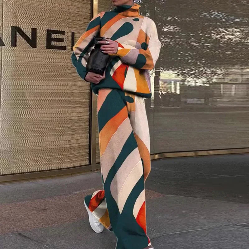 Women Casual Loose Printing Elastic Waist Suits Turtleneck Wide Leg Pants Ladies Outfit Patchwork Sportswear Loungewear Set