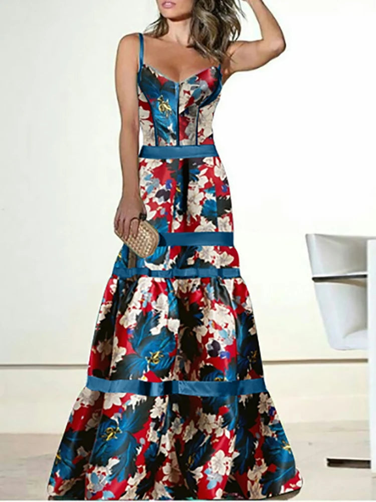 New Dresses Summer For Women 2022 Sleeveless Long Party Dress Printed Sexy Deep V-Neck Patchwork Ladies Sling Dress Dropshipping