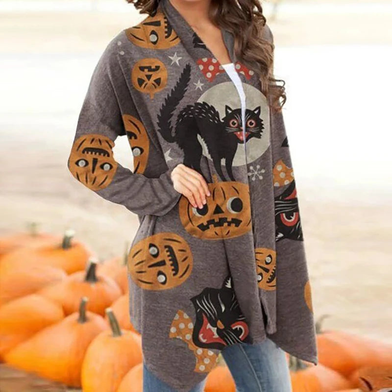 Skull Pumpkin Print Open Front Long Cardigan for Women
