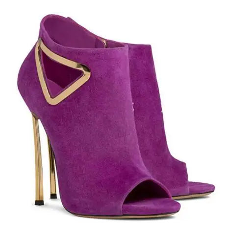 Purple Suede Peep Toe Cut Out Ankle Boots With Gold Heel for Women
