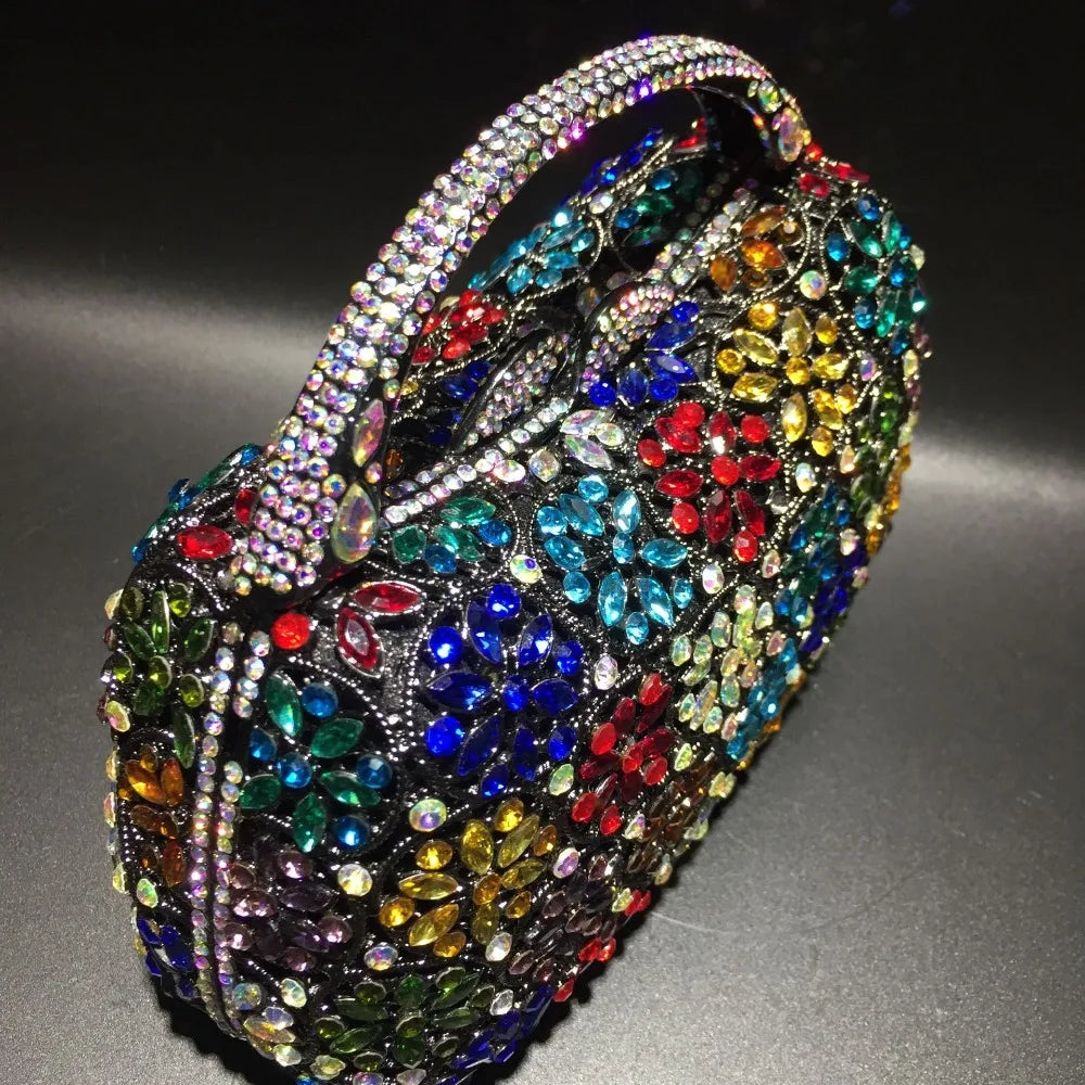 Women Champagne/Blue Color Stone Evening Bags Purses and Handbags Wedding Party Dinner Crystal Flower Clutch Bags Minaudiere Bag