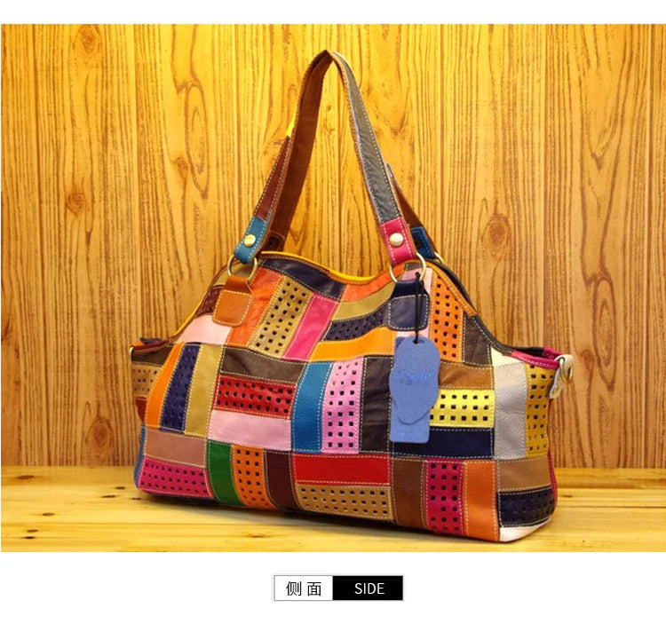 Patchwork Genuine Leather Shoulder Tote Bag for Women