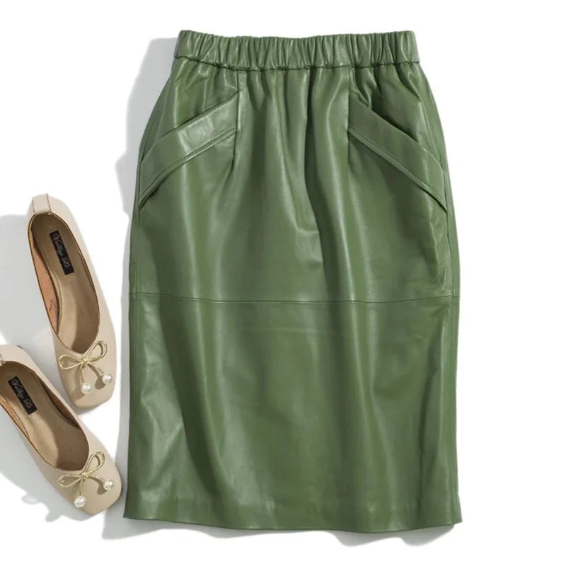 Leather Skirt Women With Pockets Midi Skirts Womens 2025 New Genuine Black And Green Sheepskin Leather Pencil Skirt Hgh Waist