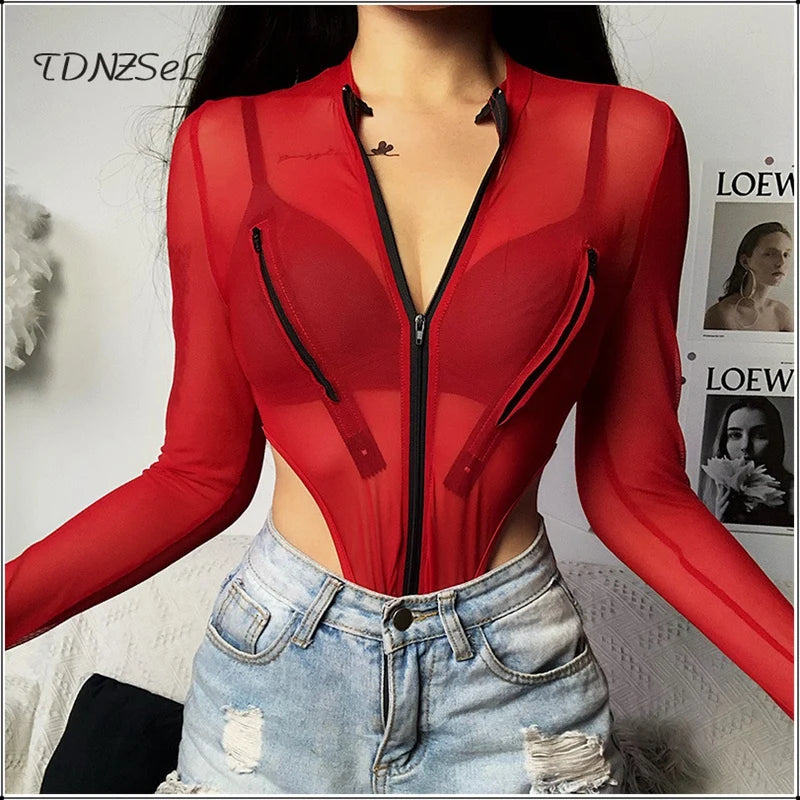 Long Sleeve Sheer Mesh Bodysuit With Pockets For Women