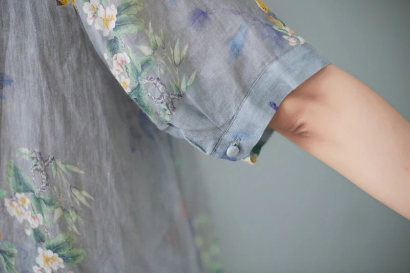 Relaxed Fit Floral Print Cotton Linen Short Sleeve Shirt for Women
