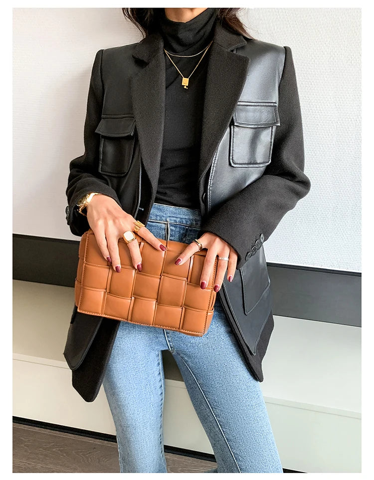 Black Patchwork Faux Leather Jacket With Pockets For Women