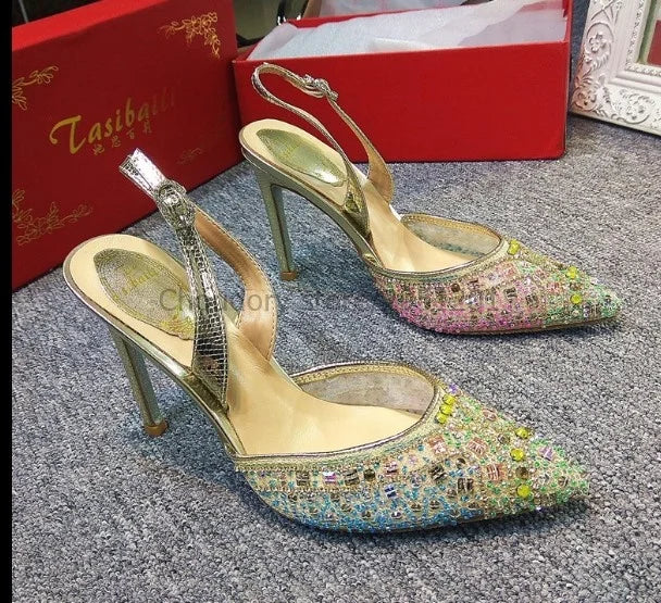 Elegant Sparkling Beaded Ankle Strap High Heel Wedding Pumps for Women