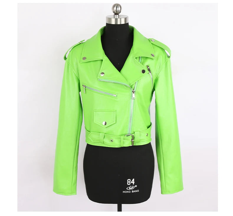 Faux Leather Short Biker Jacket with Zipper and Epaulets for Women