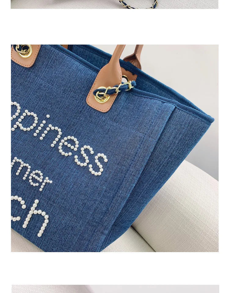 New Women Tote Bag Fashion Canvas Large Handbag Chains Genuine Leather Shoulder Bags Ladies Big Messenger Bag Shopping Bag