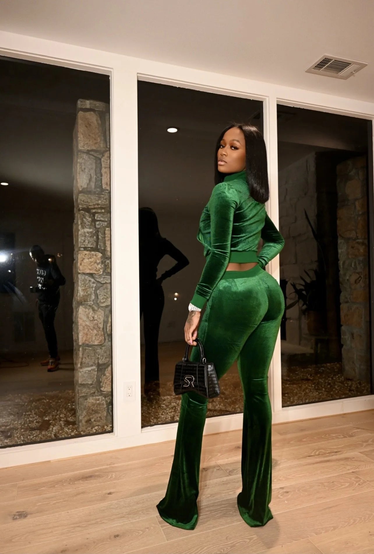 Zippered Turtleneck Velour Two Piece Wide Leg Set for Women