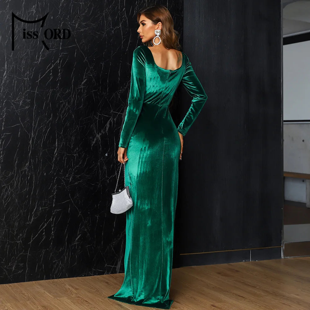 Missord Wine Velvet Party Dress Women Long Sleeve U Neck Thigh Split Prom Evening Dresses Elegant Winter Christmas Gown