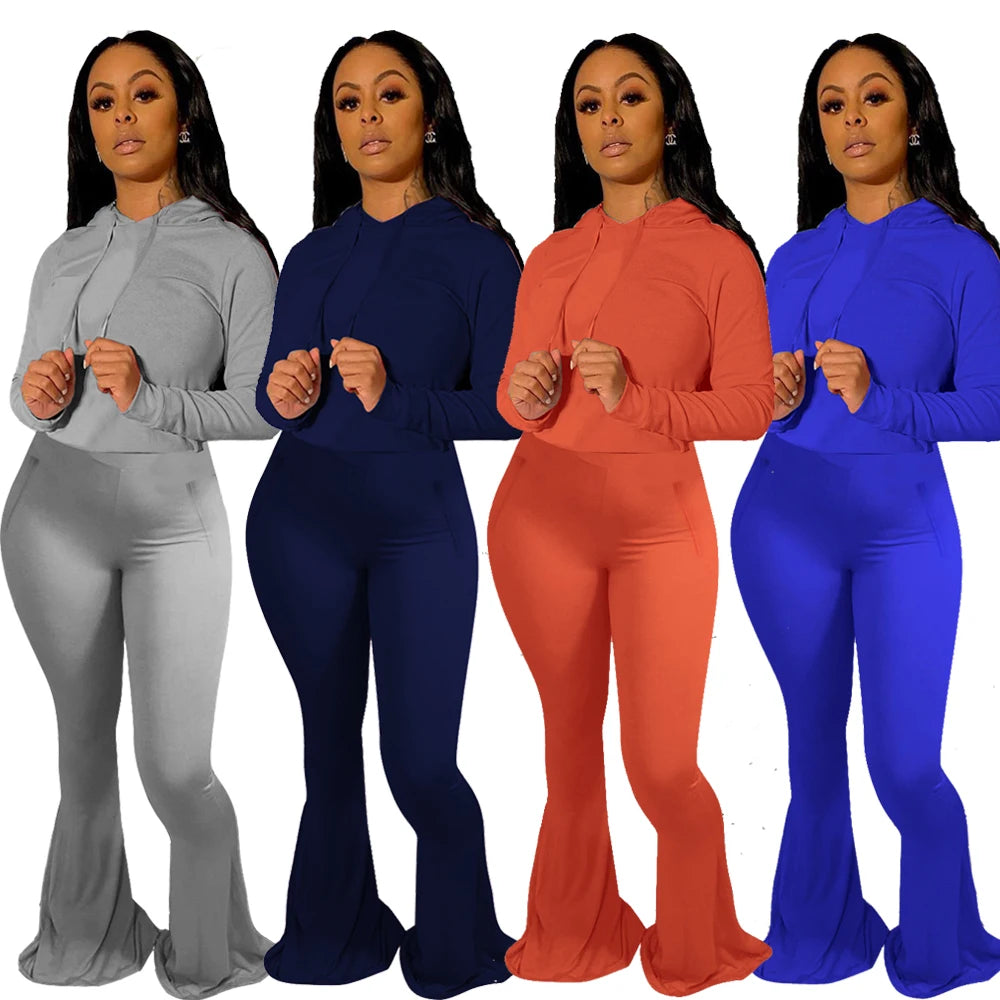 Regular Fit Hooded Wide Leg Tracksuit Set For Women