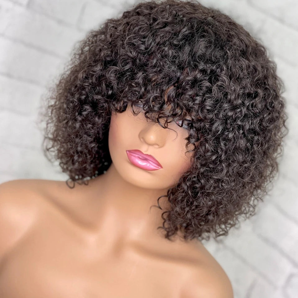 Short Ombre Curly Human Hair Bob Wig With Bangs for Women