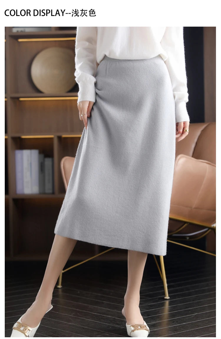 Pure Wool High Waist Knit A-Line Midi Skirt for Women
