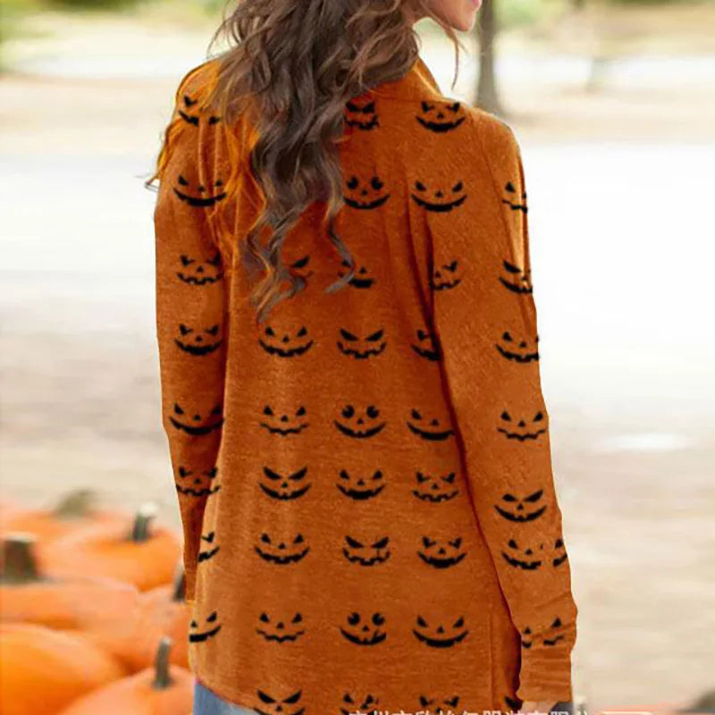 Skull Pumpkin Print Open Front Long Cardigan for Women