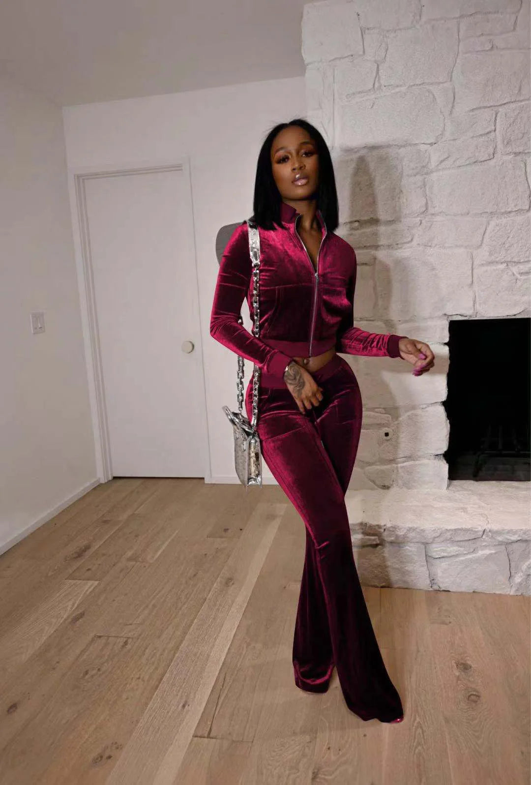 Zippered Turtleneck Velour Two Piece Wide Leg Set for Women