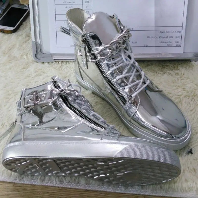 Metallic Chain Lace Up Casual Leather Flats for Women