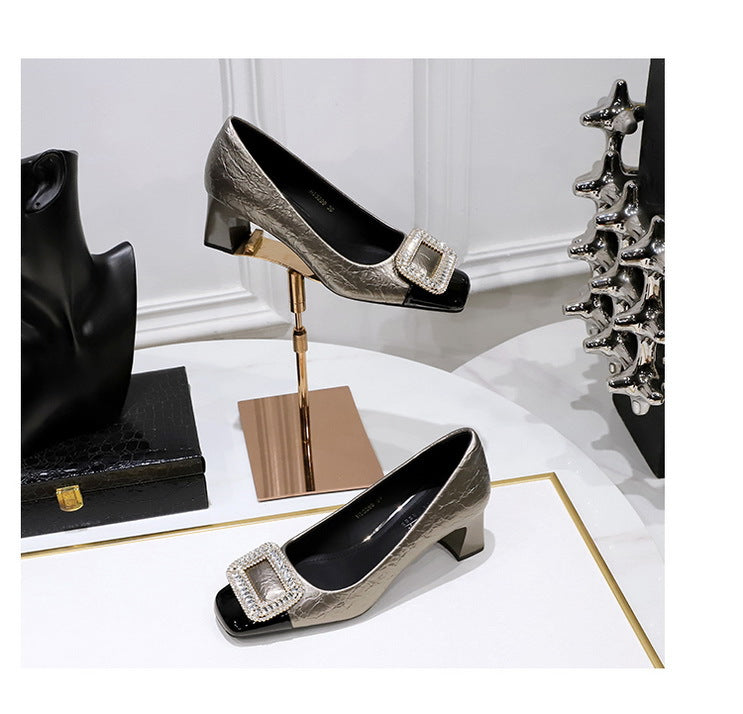 Elegant Crystal Detail Square Heel Pumps for Women