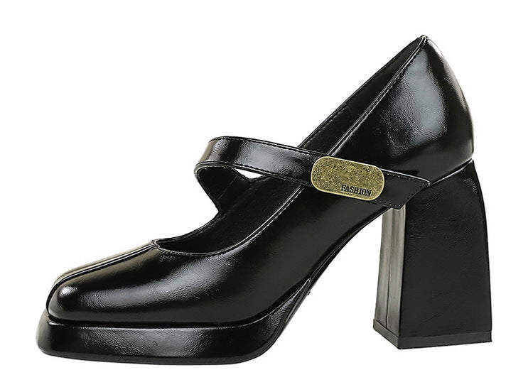 Retro Chunky Metal Buckle Platform Pumps for Women