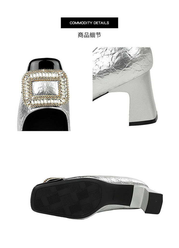 Elegant Crystal Detail Square Heel Pumps for Women