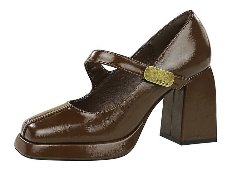 Retro Chunky Metal Buckle Platform Pumps for Women