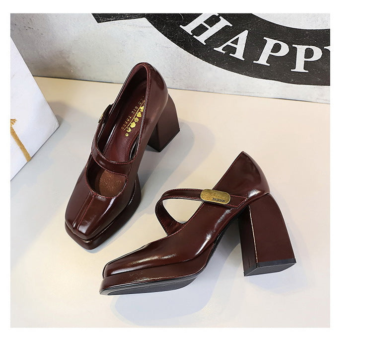 Retro Chunky Metal Buckle Platform Pumps for Women