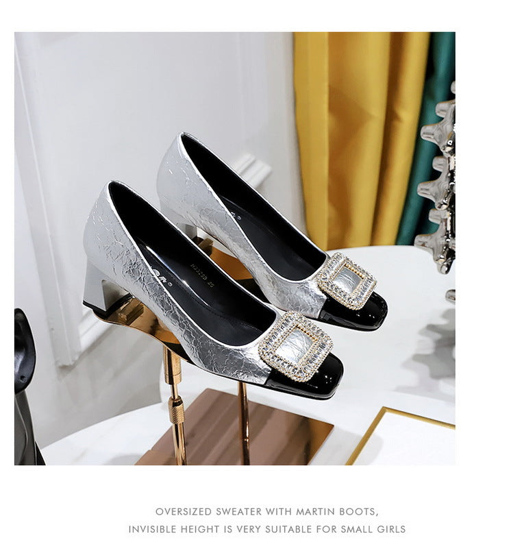 Elegant Crystal Detail Square Heel Pumps for Women