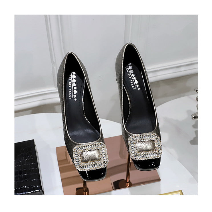 Elegant Crystal Detail Square Heel Pumps for Women