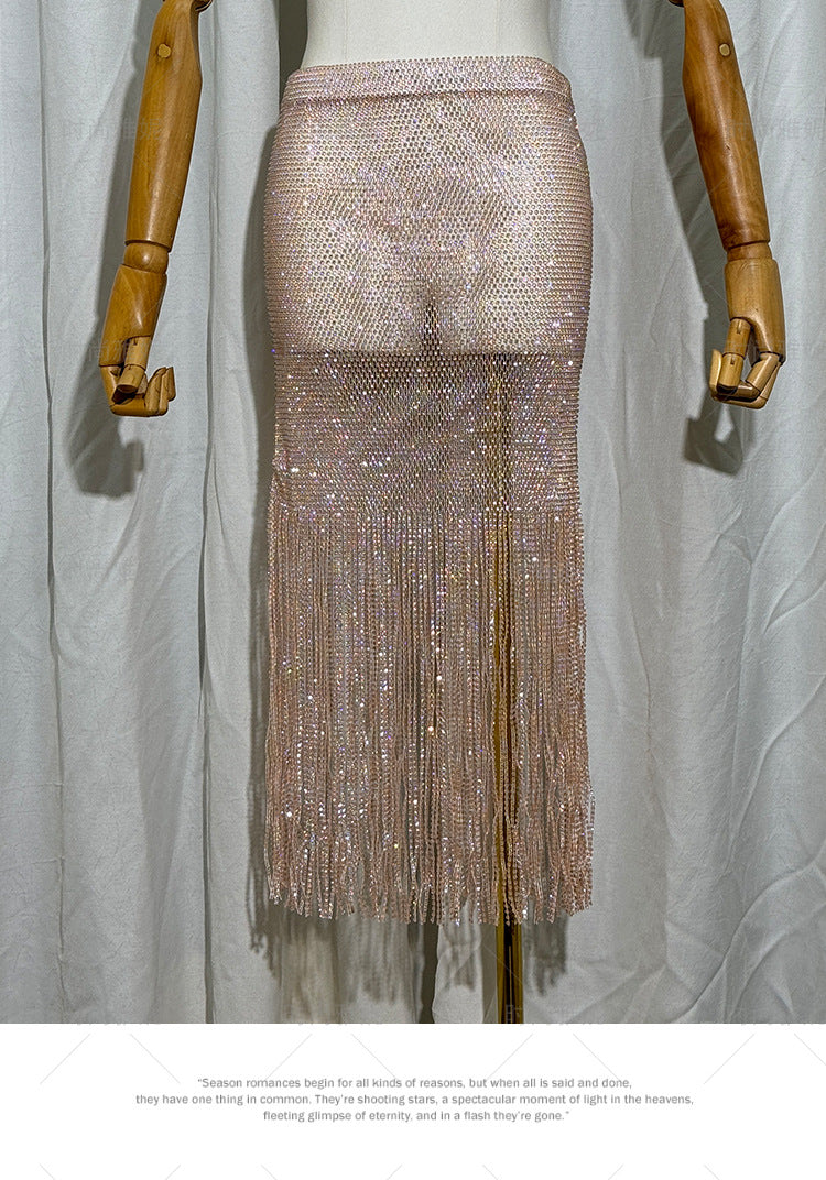 Women's Clothes High Waist Skirt Winter 2025 Early Autumn New Socialite Light Luxury Heavy Embroidery Sequins Tassel Midi Skirts