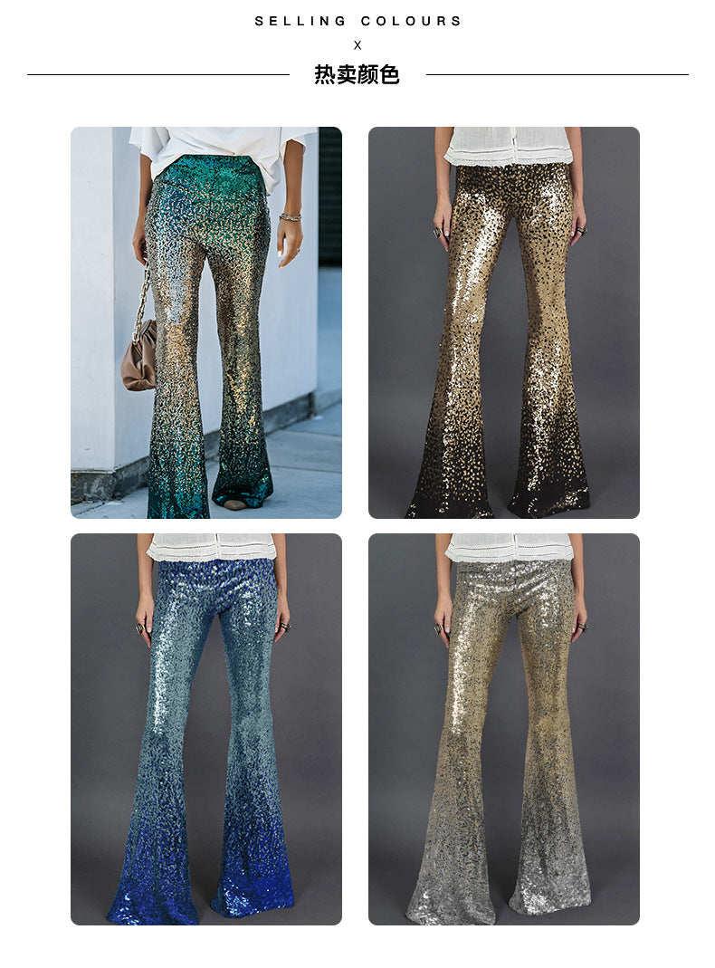 Gradient color wide leg pants for women's spring autumn new high waisted slim fitting sequin women's flared pants