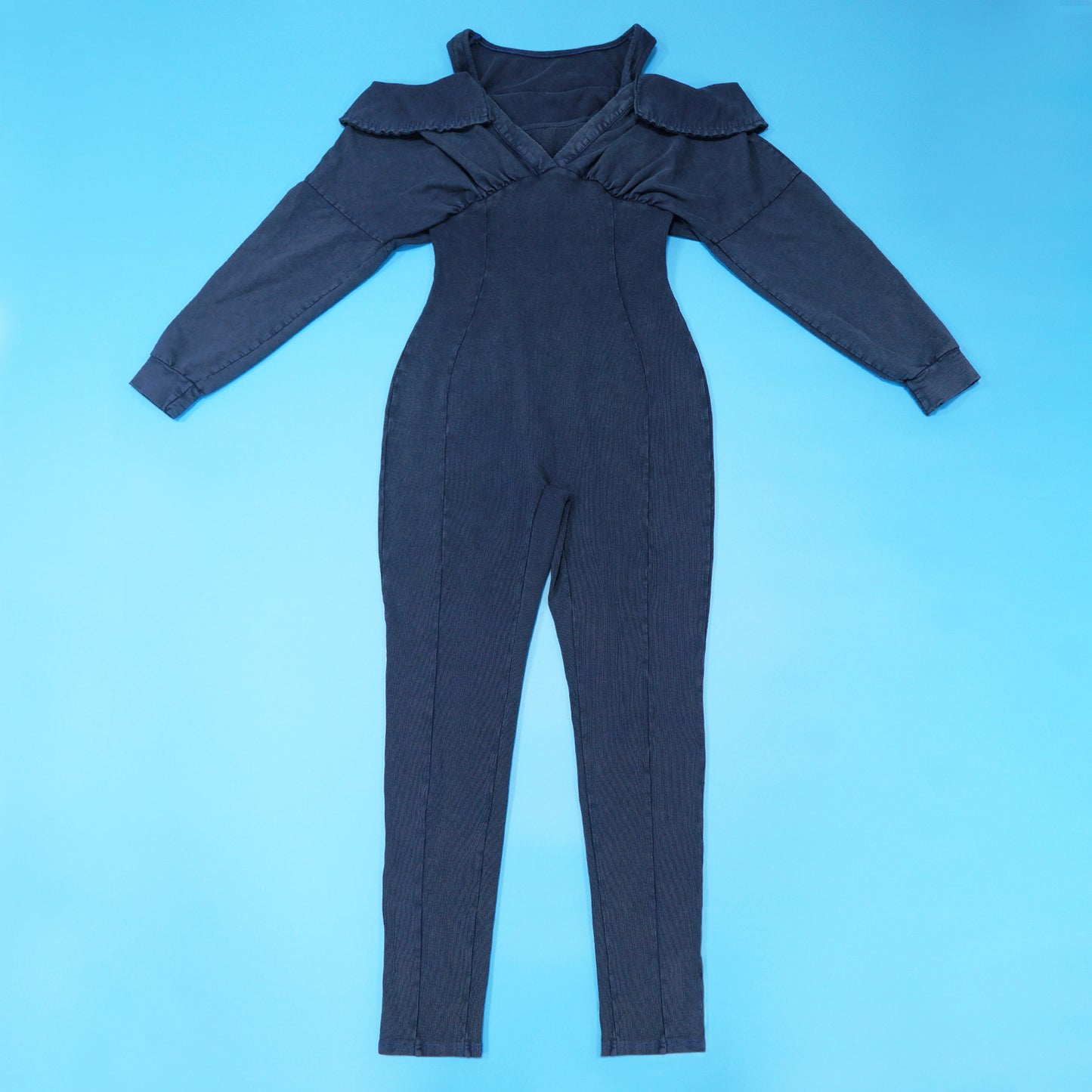 CM.YAYA Fashion Women Knit Ribbed Long Sleeve Moto Biker Jumpsuits Strap Autumn Washed Streetwear Slim One Piece Suit Romper