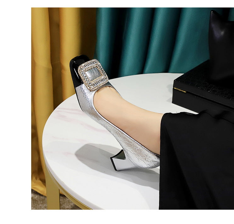 Elegant Crystal Detail Square Heel Pumps for Women