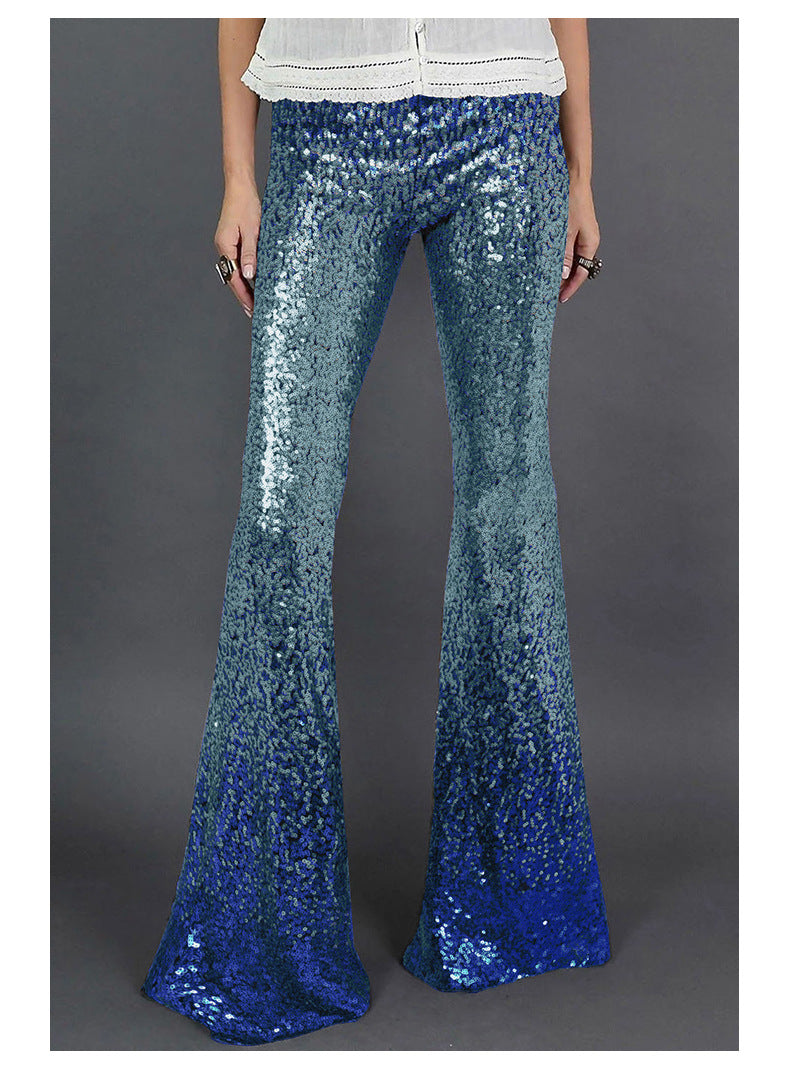 Gradient color wide leg pants for women's spring autumn new high waisted slim fitting sequin women's flared pants