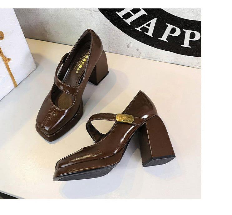 Retro Chunky Metal Buckle Platform Pumps for Women