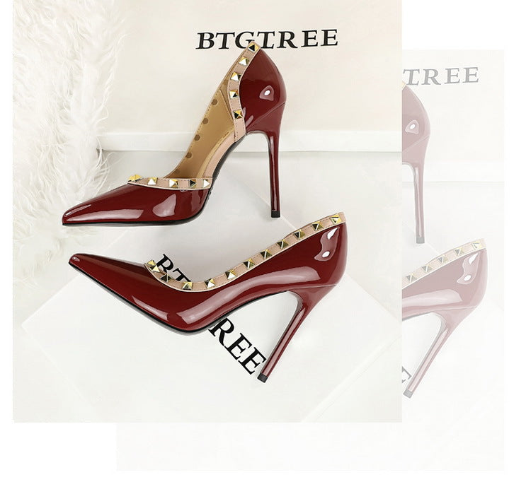 Rivet Detail Patent Leather High Heel Pumps for Women