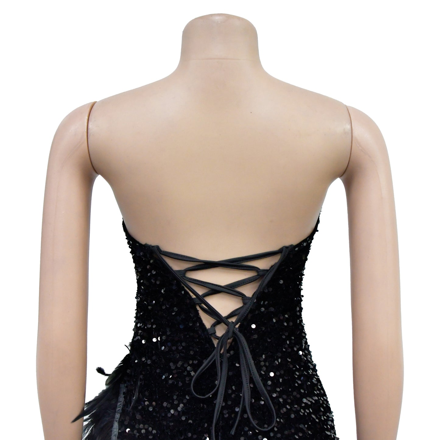 CM.YAYA Women Sequined Mesh Patchwork Strapless Feather Side High Side Split Maxi Dress 2023 Evening Sexy Long Dresses Vestidos