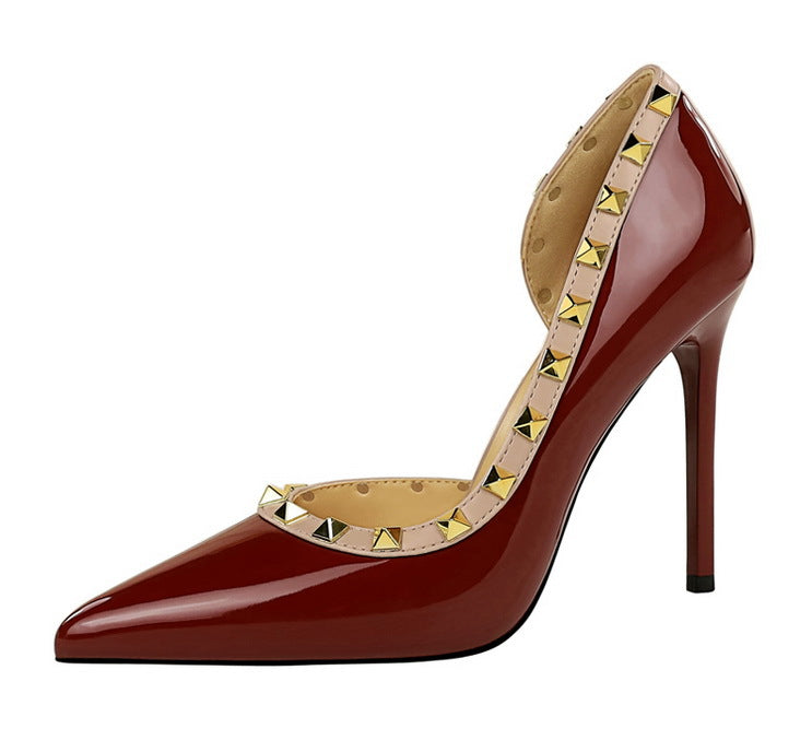 Rivet Detail Patent Leather High Heel Pumps for Women