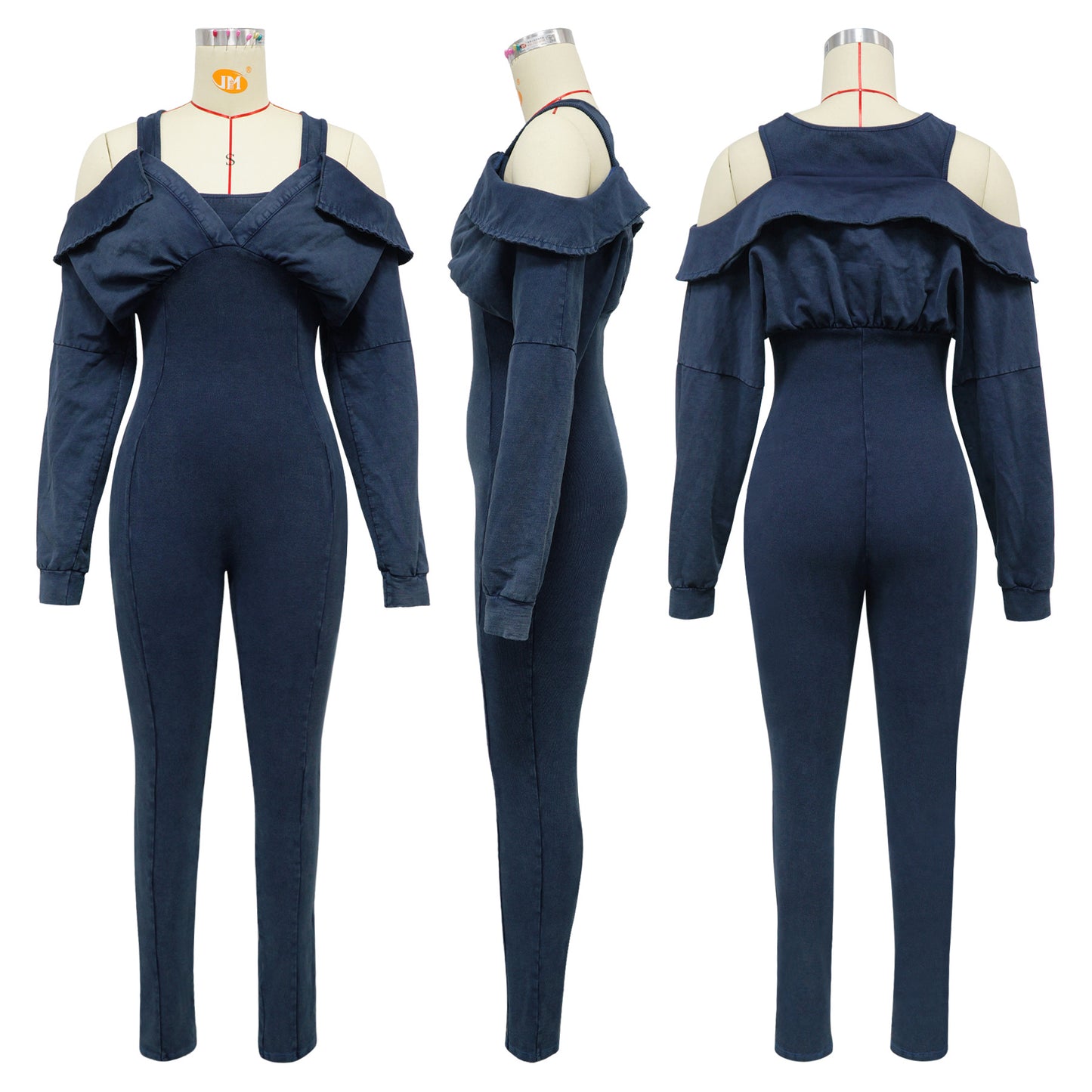 CM.YAYA Fashion Women Knit Ribbed Long Sleeve Moto Biker Jumpsuits Strap Autumn Washed Streetwear Slim One Piece Suit Romper
