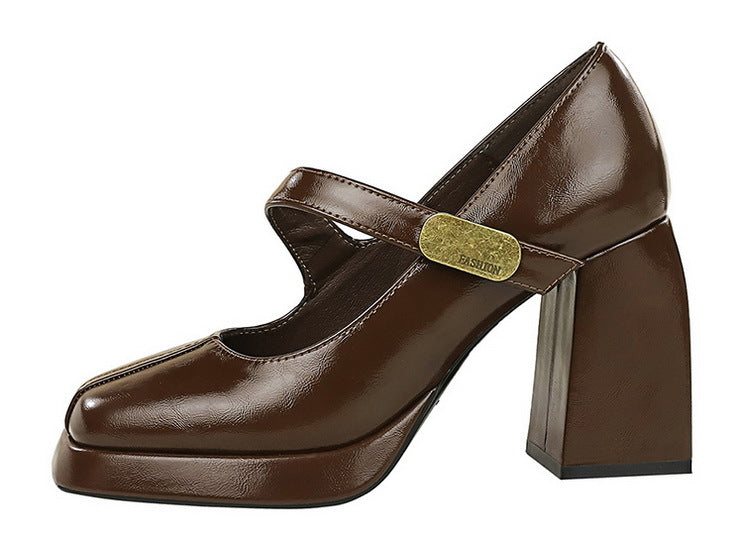Retro Chunky Metal Buckle Platform Pumps for Women