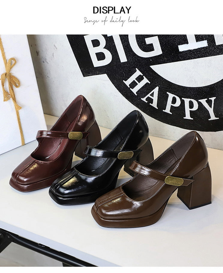 Retro Chunky Metal Buckle Platform Pumps for Women