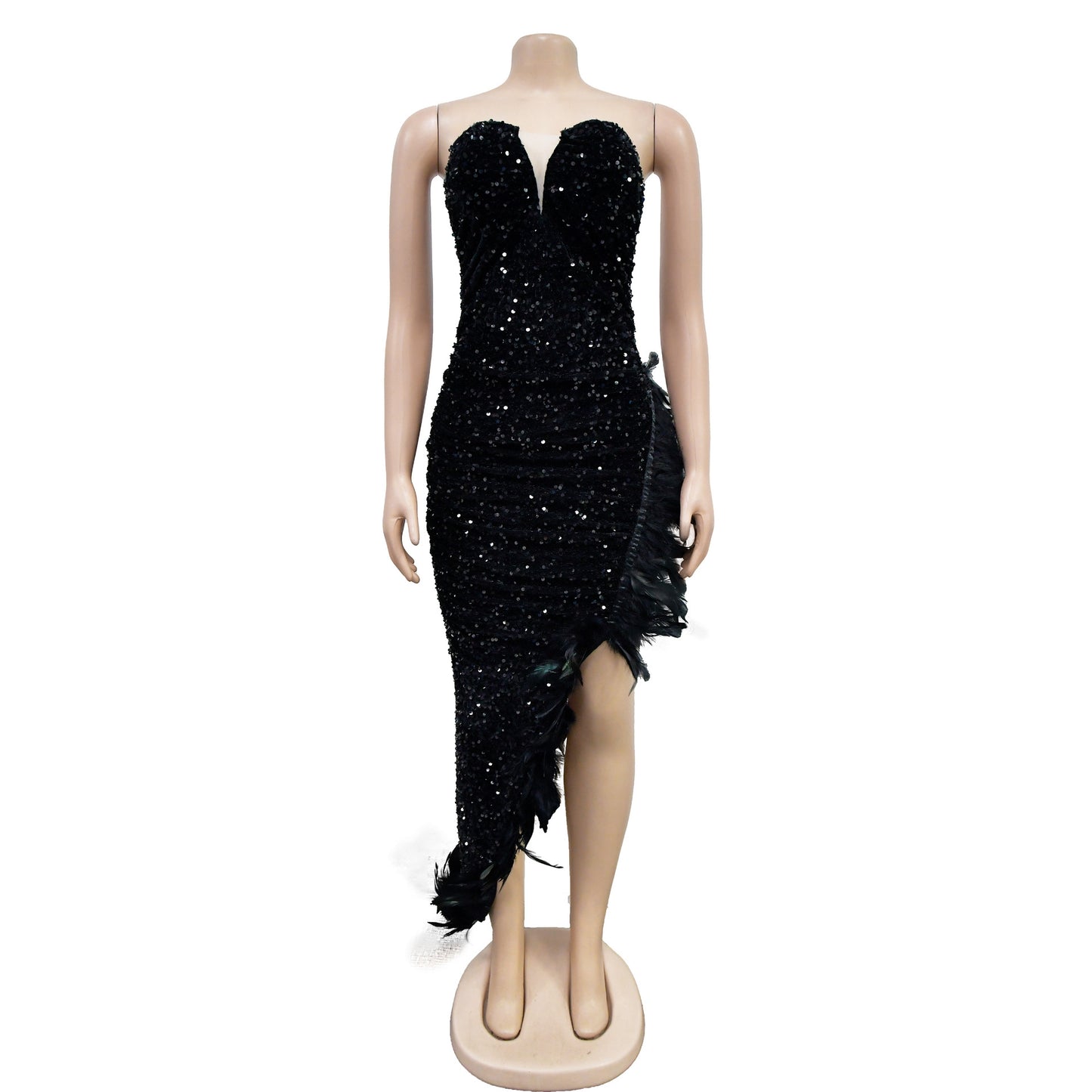 CM.YAYA Women Sequined Mesh Patchwork Strapless Feather Side High Side Split Maxi Dress 2023 Evening Sexy Long Dresses Vestidos