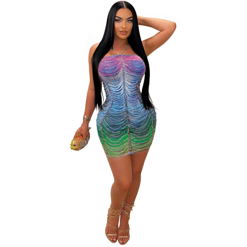 CM.YAYA Women Rainbow Diamonds Crystal Tassel Halter Neck Bodycon Midi Dress 2024 Evening Sexy Party Club Chic Dresses Vestidos