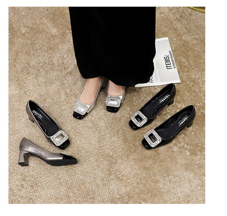 Elegant Crystal Detail Square Heel Pumps for Women