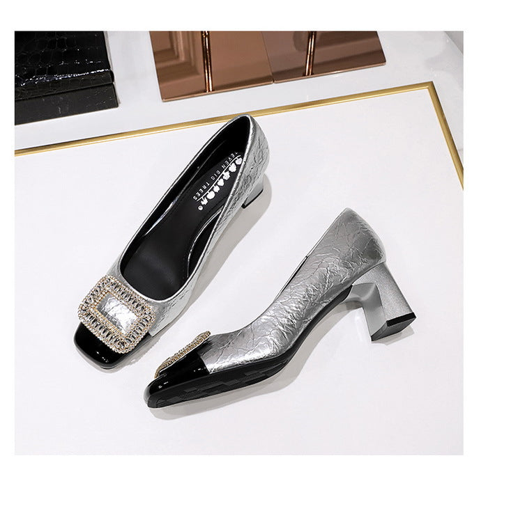 Elegant Crystal Detail Square Heel Pumps for Women