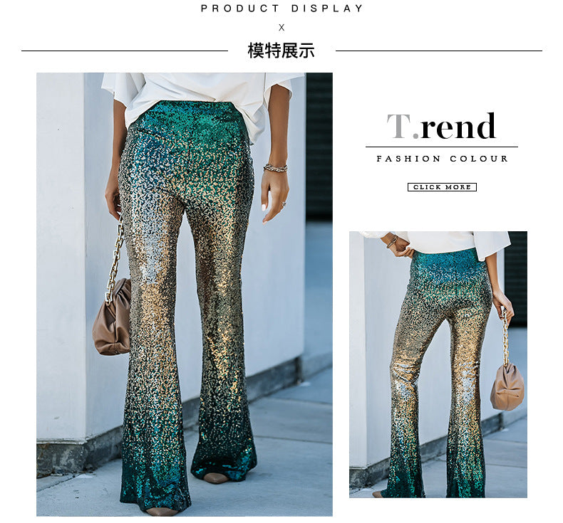 Gradient color wide leg pants for women's spring autumn new high waisted slim fitting sequin women's flared pants