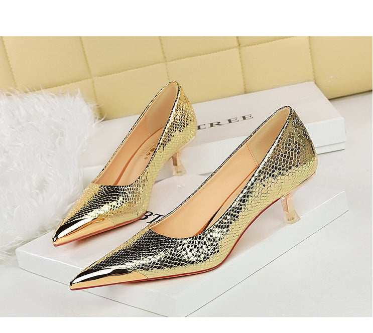 Sequin Snake Pattern Pointed Toe Kitten Heel Pumps for Women