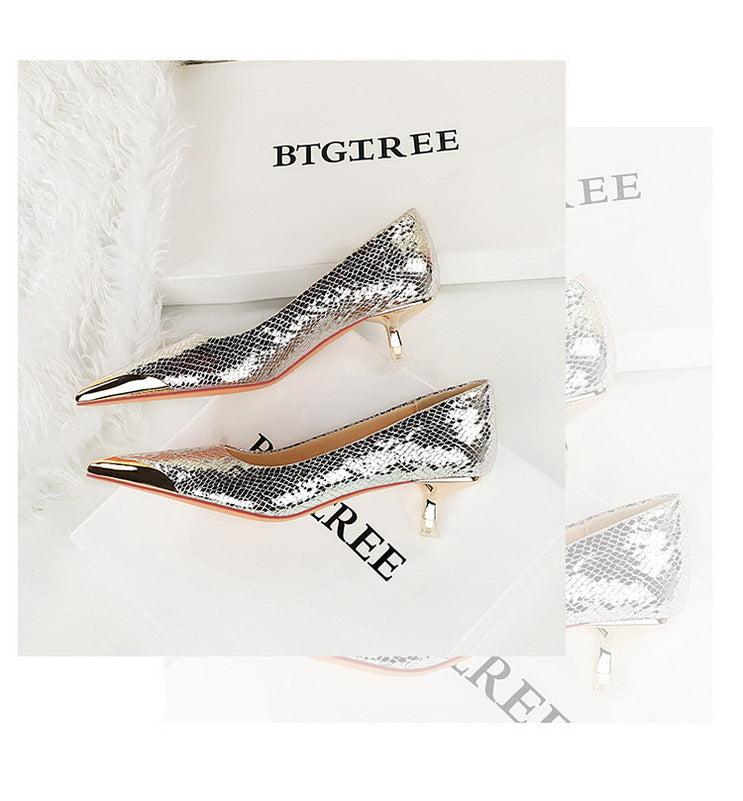 Sequin Snake Pattern Pointed Toe Kitten Heel Pumps for Women