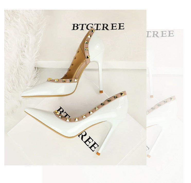 Rivet Detail Patent Leather High Heel Pumps for Women