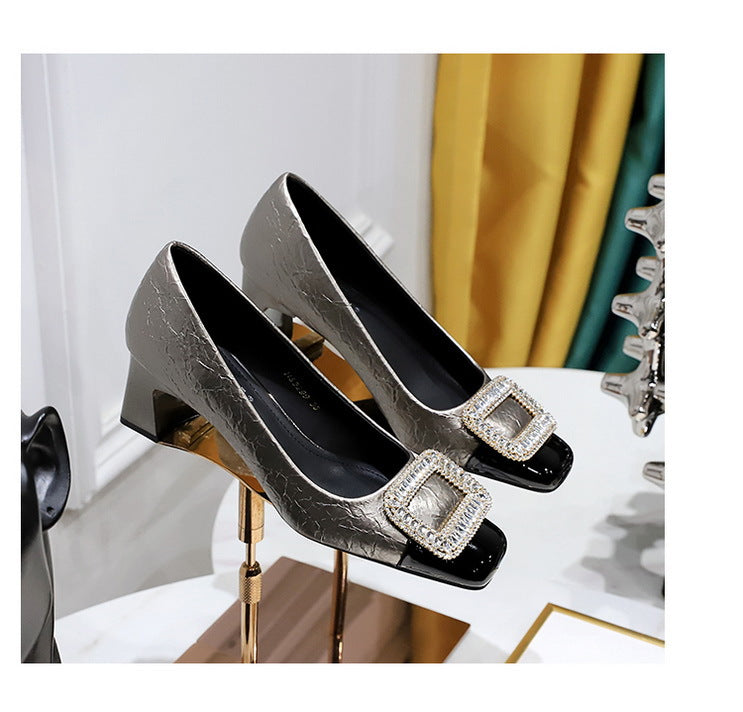Elegant Crystal Detail Square Heel Pumps for Women