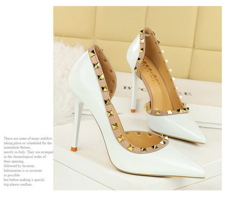 Rivet Detail Patent Leather High Heel Pumps for Women